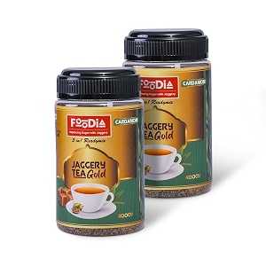foodia gold jaggery cardamom tea readymix 800g  3 in 1 premium chai mix with jaggery elaichi amp assam tea  elaichicardamom tea mix  pack of 2 x 400g