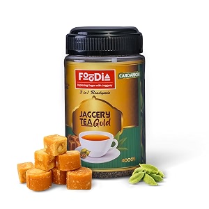 foodia gold jaggery cardamom tea readymix 400g  3 in 1 premium chai mix with jaggery cardamom amp assam tea  elaichi tea mix
