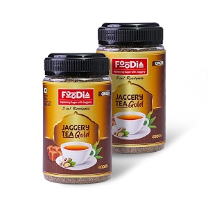 foodia gold jaggery ginger tea readymix 800 g  3 in 1 premium tea mix with jaggery  ginger chai  adrak chai mix  pack of 2x400g