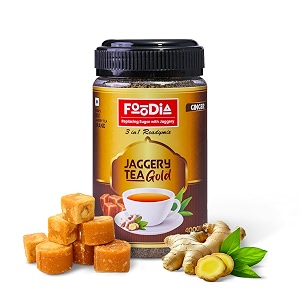 foodia gold jaggery ginger tea readymix 400 g  3 in 1 premium tea mix with jaggery amp assam tea  ginger chai  adrak chai mix