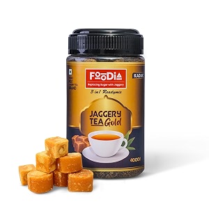foodia gold jaggery kadak tea readymix 400 g  2 in 1 premium tea mix with jaggery assam amp extra strong leaves  kadak chai