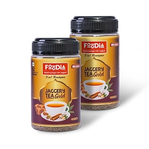foodia gold jaggery masala tea readymix 800 g  3 in 1 chai mix with chemical-free jaggery powder masala spices amp assam tea  premium tea masala mix  pack of 2x400g