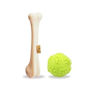 foodie puppies 2in1 dog toy combo - 9inch bone  claw ball  natural latex rubber and nylon toys for medium to large dogs  durable chewing playing teething amp training chew safe play toy
