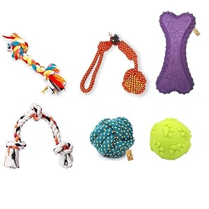 foodie puppies 6-in-1 chew toy combo of 4 ropes squeaky bone amp balls for small dogs amp puppies  teething amp training toys 2knot 3knot cotton ball half round rope claw ball prickle bone