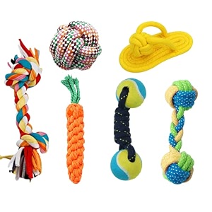 foodie puppies 6-pcs cotton rope chew toy combo for dogs - includes 2-knot rope ball slipper carrot dual tennis ball and dumbbell  chewing fetching teething amp training for small dogs amp puppies