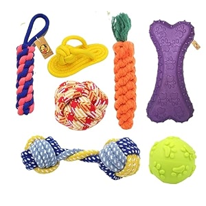 foodie puppies dog chew rope toys durable rope chewing toys for puppies and small dogs pack of 7 - carrot  corn  twisted  dumbell  cotton ball  claw ball  jelly paw bone  one free 3inch bone