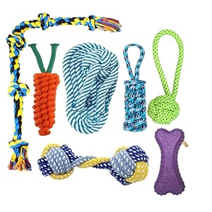 foodie puppies dog chew rope toys durable rope chewing toys for puppies and small dogs pack of 7 - carrot  corn  twisted  dumbell  cotton ball  claw ball  jelly paw bone  one free 3inch bone