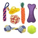 Foodie Puppies Dog Chew Rope Toys Durable Rope Chewing Toys for Puppies and Small Dogs, Pack of 7 - (Carrot + Corn + Twisted + Dumbell + Cotton Ball + Claw Ball + Jelly Paw Bone + One Free 3inch Bone)