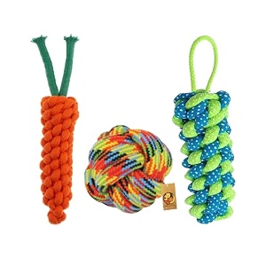 foodie puppies dog chew cotton rope toys 3in1 combo for small dogs amp puppies cotton ball  carrot  cornstick rope knotted chew dog ropes toy for playing teeth cleaning amp training color may vary