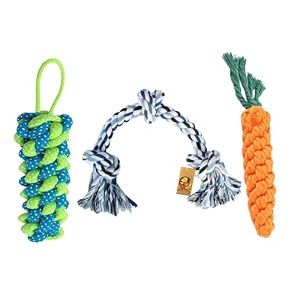 foodie puppies dog chew cotton rope toys 3in1 combo for small dogs amp puppies cornstick  carrot  3knot rope knotted cotton chew dog toys for playing teeth cleaning amp training color may vary