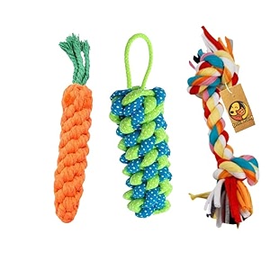 foodie puppies 3in1 dog chew cotton rope toys combo for dogs 2knot rope  corn stick  carrot rope  washable chew rope dog toys for playing teeth cleaning and training  for medium to large breeds