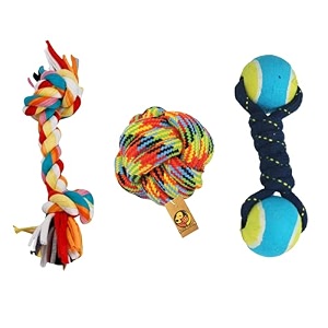 foodie puppies dog chew cotton rope toys 3in1 combo for dogs amp puppies cotton ball  dual-tennis  2knot rope knotted chewing dog ropes toy for playing teeth cleaning amp training color may vary