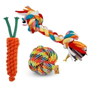 foodie puppies dog chew toys combo of 3 ropes  small teething pets  all puppy breeds amp aggressive chewers teething rope fetching rope toy 2 knot rope-cotton ball-carrot rope - color may vary