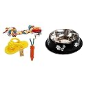 Foodie Puppies Durable Cotton Mix Chewable Rope Teething Playing Toy &amp; Stainless Steel Paw Bone Printed Bowl- 700ml, (Night Black)