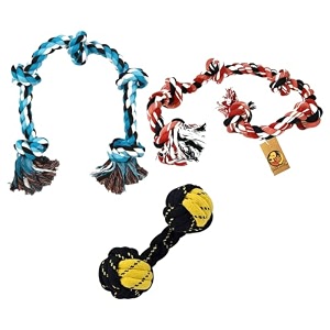foodie puppies durable cotton rope chew toy combo of 3 5knot 6knot dumbbell  chewing playing teething and training for large dogs amp aggressive chewer color may vary