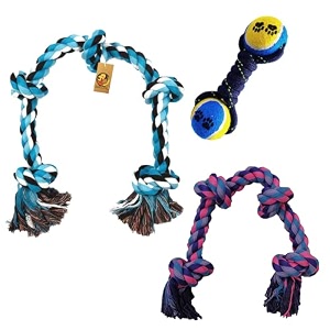 foodie puppies durable cotton rope chew toy combo of 3 4knot 5knot double tennis  chewing playing teething and training for large dogs and aggressive chewer color may vary