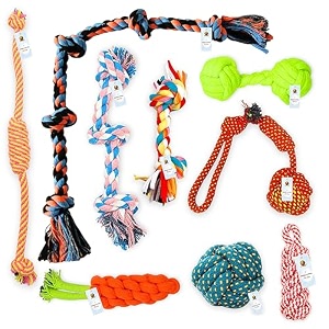 foodie puppies 9-in-1 cotton rope chew toys combo festival gift box - 2knt  3knt  5knt  twisted  carrot  ball  dumbbell  dummyrope  2knot ball for small to medium dogs color may vary