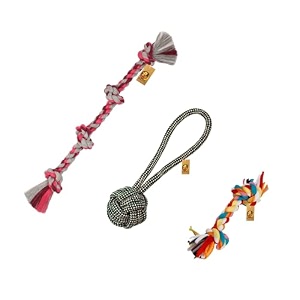 foodie puppies durable cotton rope chew toy combo of 3 2knot  4knot  handle rope  chewing playing teething and training for small to medium size dogs color may vary