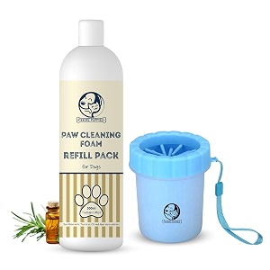 foodie puppies paw cleaner combo for dogs and cats  paw cleaner silicone bristle cup small and twilight mist foam refill - 500ml  no-rinse quick dry lick-safe moisturising and freshening