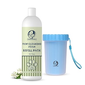 foodie puppies paw cleaner combo for dogs amp cats  paw cleaner silicone bristle cup large and jasmine foam refill - 500ml  no-rinse quick dry lick-safe allergen-free moisturising amp freshening