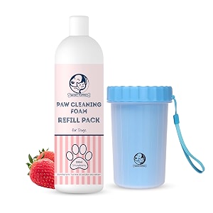 foodie puppies paw cleaner combo for dogs and cats  paw cleaner silicone bristle cup large and strawberry foam refill - 500ml  no-rinse quick dry lick-safe moisturising and freshening