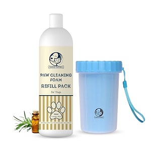 foodie puppies paw cleaner combo for dogs and cats  paw cleaner silicone bristle cup large and twilight mist foam refill - 500ml  no-rinse quick dry lick-safe moisturising and freshening