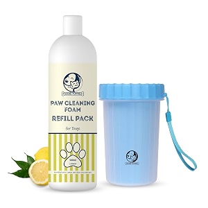 foodie puppies paw cleaner combo for dogs and cats  paw cleaner silicone bristle cup large and lemon foam refill - 500ml  no-rinse quick dry lick-safe allergen-free moisturising amp freshening