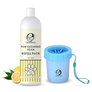foodie puppies paw cleaner combo for dogs and cats  paw cleaner silicone bristle cup small and lemon foam refill - 500ml  no-rinse quick dry lick-safe allergen-free moisturising amp freshening
