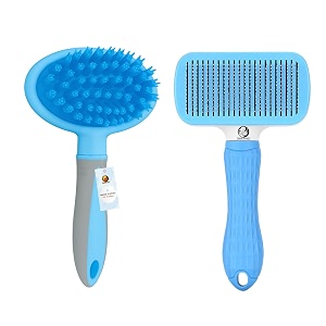 foodie puppies pet grooming combo of self-cleaning slicker and massage handle brush for dogs amp cats  push-button clean retractable teeth amp soft silicone bristle  hair remover grooming handle brush