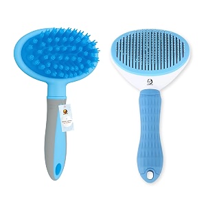 foodie puppies pet grooming combo of self-cleaning slicker and massage handle brush for dogs amp cats  push-button clean retractable teeth and soft bristles hand brush  hair remover grooming comb