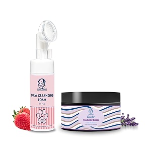 foodie puppies pet paw care 2-in-1 combo of paw butter cream lavender 100gm and paw cleaning foam strawberry 150ml for dogs and puppies  moisturizes amp softens dry chapped paws  remove dirt