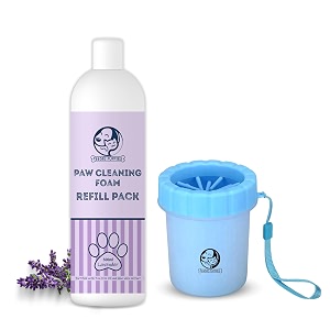 foodie puppies paw cleaner combo for dogs amp cats  paw cleaner silicone bristle cup small and lavender foam refill - 500ml  no-rinse quick dry lick-safe allergen-free moisturizing amp freshening