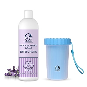 foodie puppies paw cleaner combo for dogs amp cats  paw cleaner silicone bristle cup large and lavender foam refill - 500ml  no-rinse quick dry lick-safe allergen-free moisturizing amp freshening
