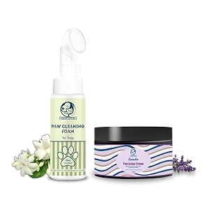 foodie puppies pet paw care 2-in-1 combo of paw butter cream lavender 100gm and paw cleaning foam jasmine 150ml for dogs and puppies  moisturizes amp softens dry chapped paws  allergen free