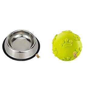 foodie puppies stainless steel bowl- 1800ml large  non-skid rubber bottom foodwater bowl amp natural latex rubber squeaky ball dog toy - claw ball claw