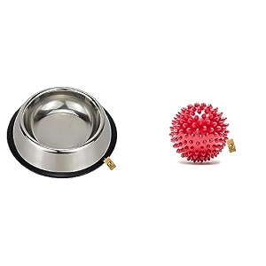 foodie puppies stainless steel bowl- 1800ml large  non-skid rubber bottom foodwater bowl amp natural rubber spike ball - 25inch 635cm