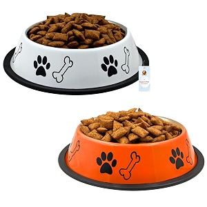 foodie puppies stainless steel dog bowl combo - medium 700ml food and water feeding gift bowl  suitable for dogs cats and other pets i paw bone print anti-skid rubber base white  orange