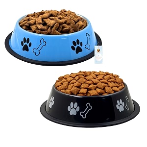 foodie puppies stainless steel dog bowl combo - medium700ml food and water feeding bowl  suitable for small to medium dogs i paw bone print anti-skid rubber base i gift for dogs skyblue  black