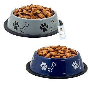 foodie puppies stainless steel dog bowl combo medium 700ml grey  blue  anti-skid rubber base paw bone print food and water feeding bowl for small to medium dogs  gift for dogs