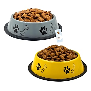 foodie puppies stainless steel dog bowl combo medium 700ml grey  yellow  anti-skid rubber base paw bone print food and water feeding bowl for small to medium dogs  gift for dogs