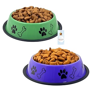 foodie puppies stainless steel dog bowl combo medium 700ml green  purple  anti-skid rubber base paw bone print food and water feeding bowl for small to medium dogs  gift for dogs