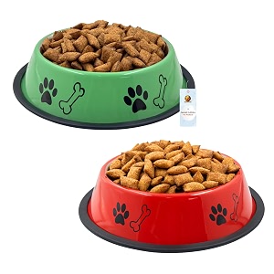foodie puppies stainless steel dog bowl combo medium 700ml green  red  anti-skid rubber base paw bone print food and water feeding bowl for small to medium dogs  gift for dogs