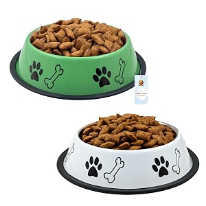 foodie puppies stainless steel dog bowl combo medium 700ml green  white  anti-skid rubber base paw bone print food and water feeding bowl for small to medium dogs  gift for dogs