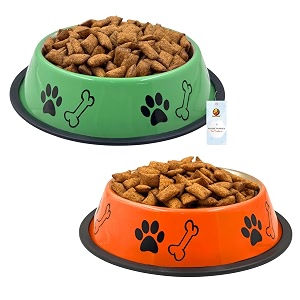 foodie puppies stainless steel dog bowl combo medium 700ml green  orange  anti-skid rubber base paw bone print food and water feeding bowl for small to medium dogs  gift for dogs