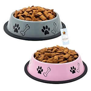 foodie puppies stainless steel dog bowl combo medium 700ml grey  pink  anti-skid rubber base paw bone print food and water feeding bowl for small to medium dogs  gift for dogs