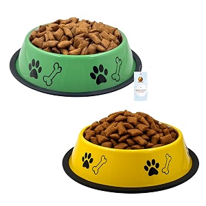 foodie puppies stainless steel dog bowl combo medium 700ml green  yellow  anti-skid rubber base paw bone print food and water feeding bowl for small to medium dogs  gift for dogs