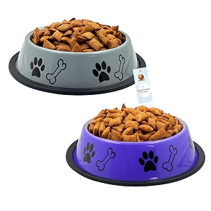 foodie puppies stainless steel dog bowl combo medium 700ml grey  purple  anti-skid rubber base paw bone print food and water feeding bowl for small to medium dogs  gift for dogs