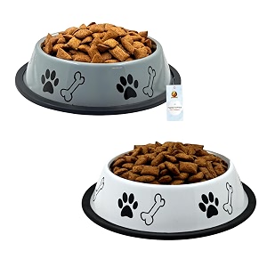 foodie puppies stainless steel dog bowl combo medium 700ml grey  white  anti-skid rubber base paw bone print food and water feeding bowl for small to medium dogs  gift for dogs