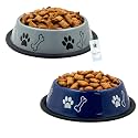 Foodie Puppies Stainless Steel Dog Bowl Combo (Medium, 700ml, Grey + Blue) | Anti-Skid Rubber Base, Paw Bone Print, Food and Water Feeding Bowl for Small to Medium Dogs | Gift for Dogs