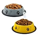 Foodie Puppies Stainless Steel Dog Bowl Combo (Medium, 700ml, Grey + Yellow) | Anti-Skid Rubber Base, Paw Bone Print, Food and Water Feeding Bowl for Small to Medium Dogs | Gift for Dogs